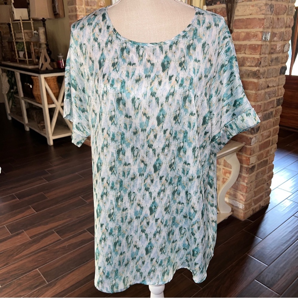 Jodifl Size Large Full Green White Leopard Print Blouse Polyester Soft Top